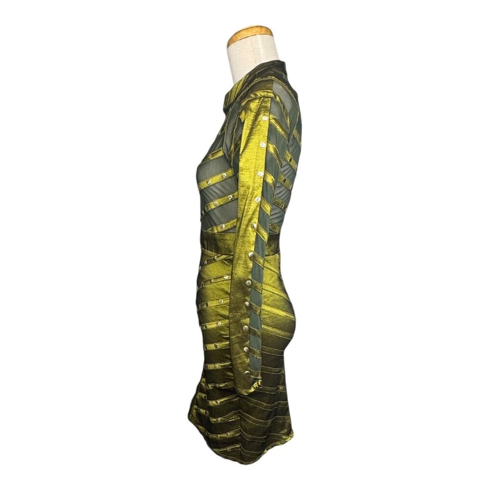 Studded Mesh Bandage Sexy Metallic Green Bodycon Mini Dress - Picture 5 of 10